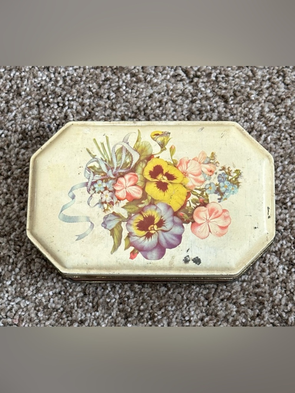 Vintage Floral Tin Featuring Pansies 6x4x1.5”